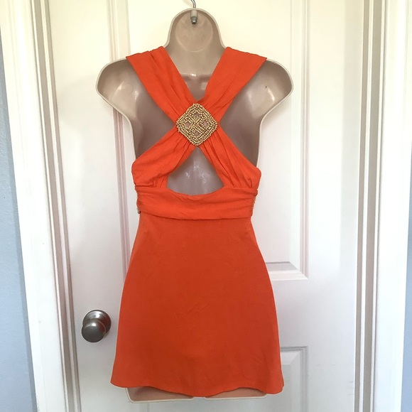 NWOT Boston Proper Orange Beaded Stretch Tunic Top Size XXS Crisscross Back - Picture 4 of 8